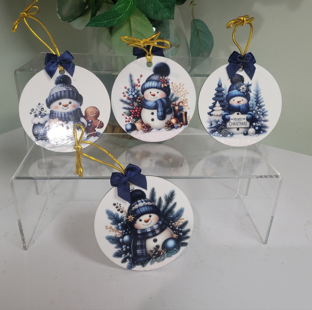 NWT 4 HANDMADE 2 SIDED BLUE SNOWMAN ORNAMENTS CHRISTMAS W Glittery Snow And Bow - Picture 3 of 6